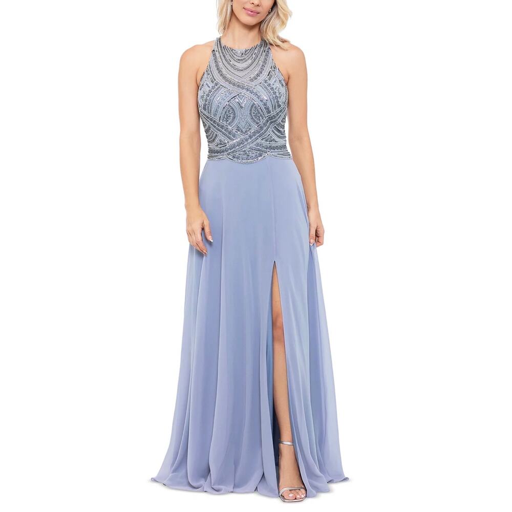Betsy & Adam Beaded Chiffon Cut Out A-Line Evening Gown Gray Size 4 Formal Dress